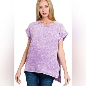 NWOT Zenana Acid Washed Double Gauze Short Sleeve Shirt Lavender Size Small